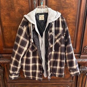 RedHead Brown Plaid Shirt Jacket with Gray Hoodie